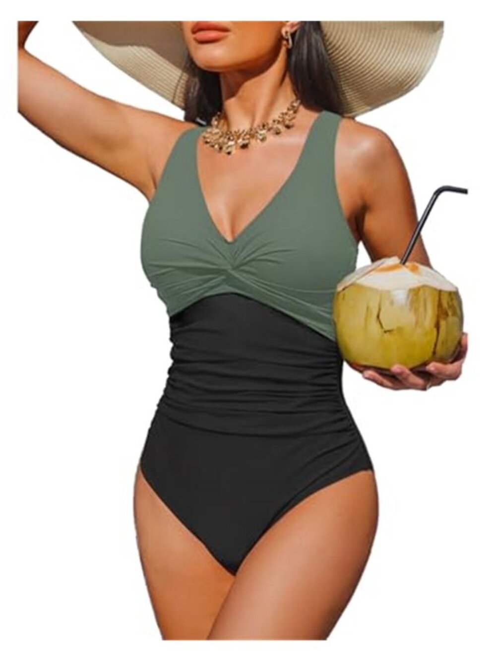 Tummy Control One Piece Swimsuit Push Up V Neck Slimming Full Coverage Green
